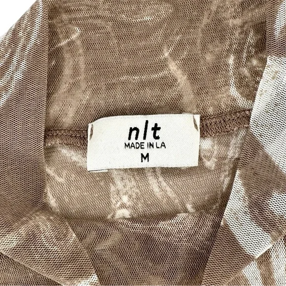 NLT No Less Than Gray Brown Marble Print High Neck Mesh Long Sleeve Top sz M - Picture 5 of 7